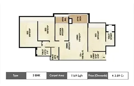 Goodwill Wisteria 3 BHK floor plan, 1169 sq ft carpet area