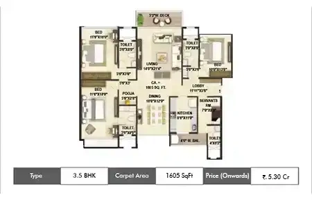 Goodwill Wisteria 3.5 BHK floor plan, 1605 sq ft carpet area